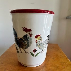 Earthenware Creamy white with little red flowers trim  2 Roosters  Small chip